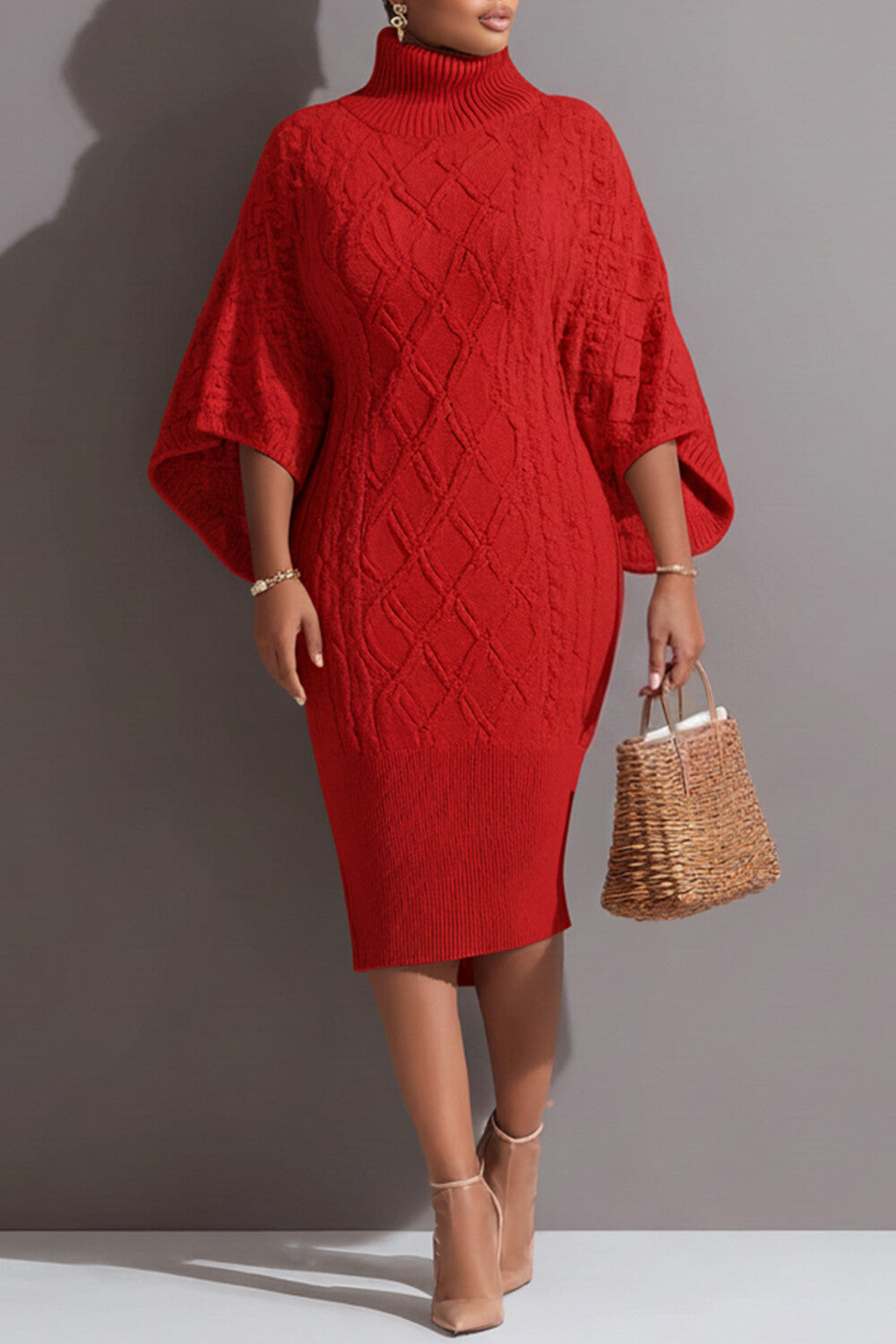 Xpluswear Design Plus Size Business Casual Red High Collar Flare Long Sleeve Bodycon Elegant Crochet Midi Dresses