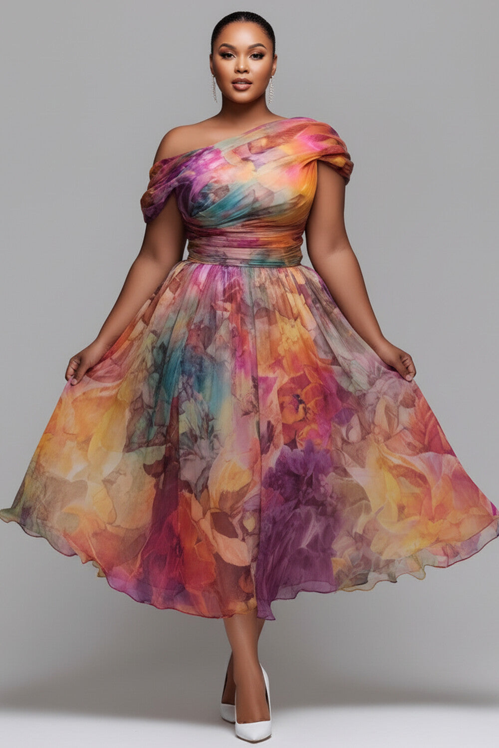 Xpluswear Design Plus Size Wedding Guest Elegant Multicolor Floral Oblique Collar Chiffon Midi Dresses