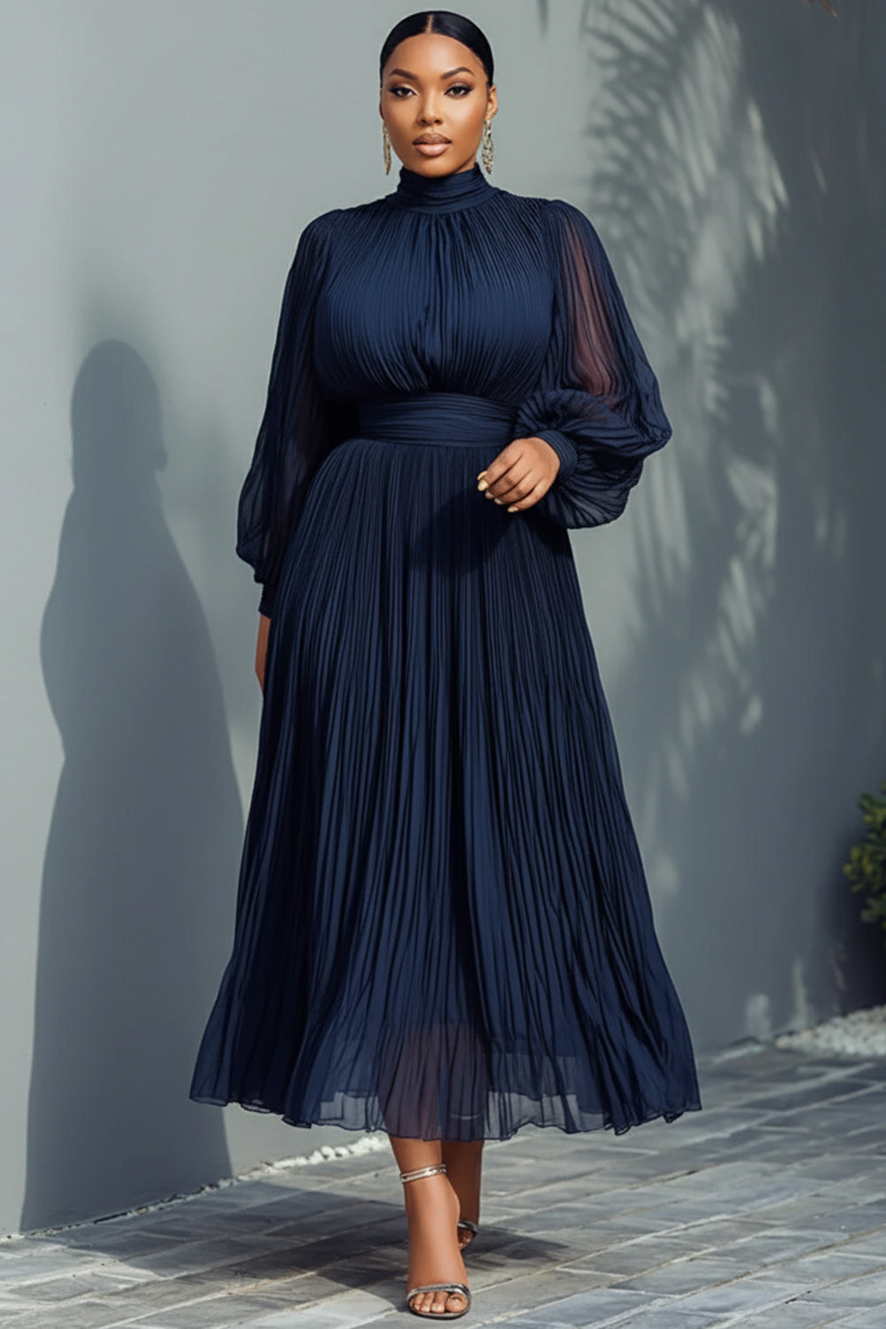 Xpluswear Design Plus Size Churchs Navy Blue Mock Neck Lantern Sleeve Long Sleeve See Through Elegant Ruffled Midi Dresses