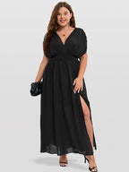 VIP V-Neck Dolman Sleeve Ruched Split Pocket Maxi Dress