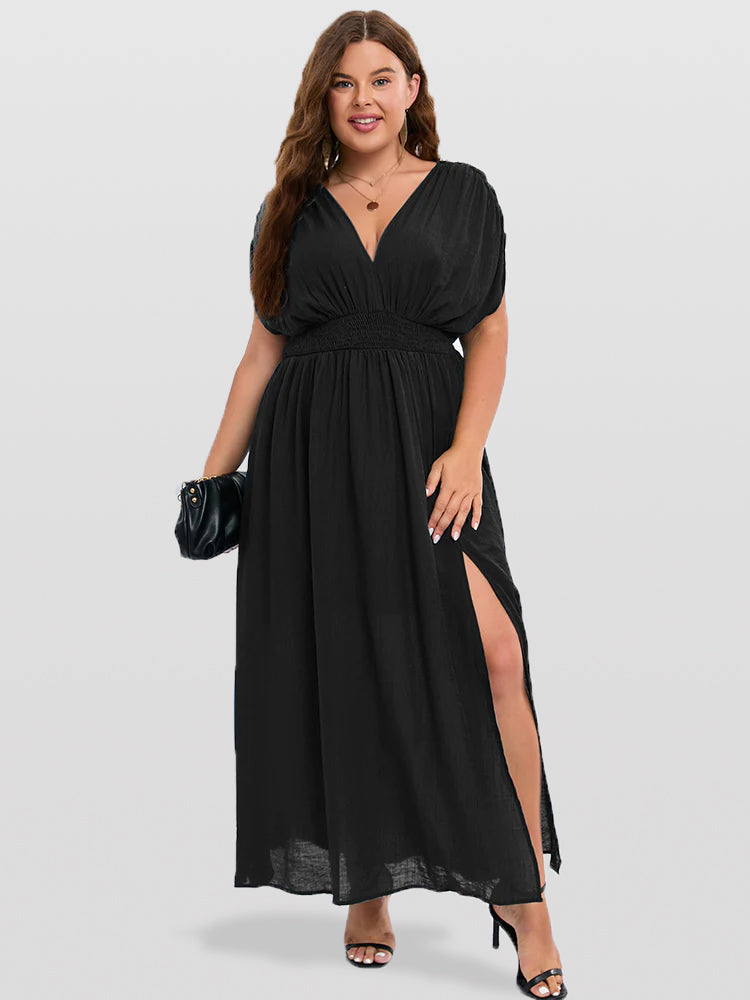VIP V-Neck Dolman Sleeve Ruched Split Pocket Maxi Dress