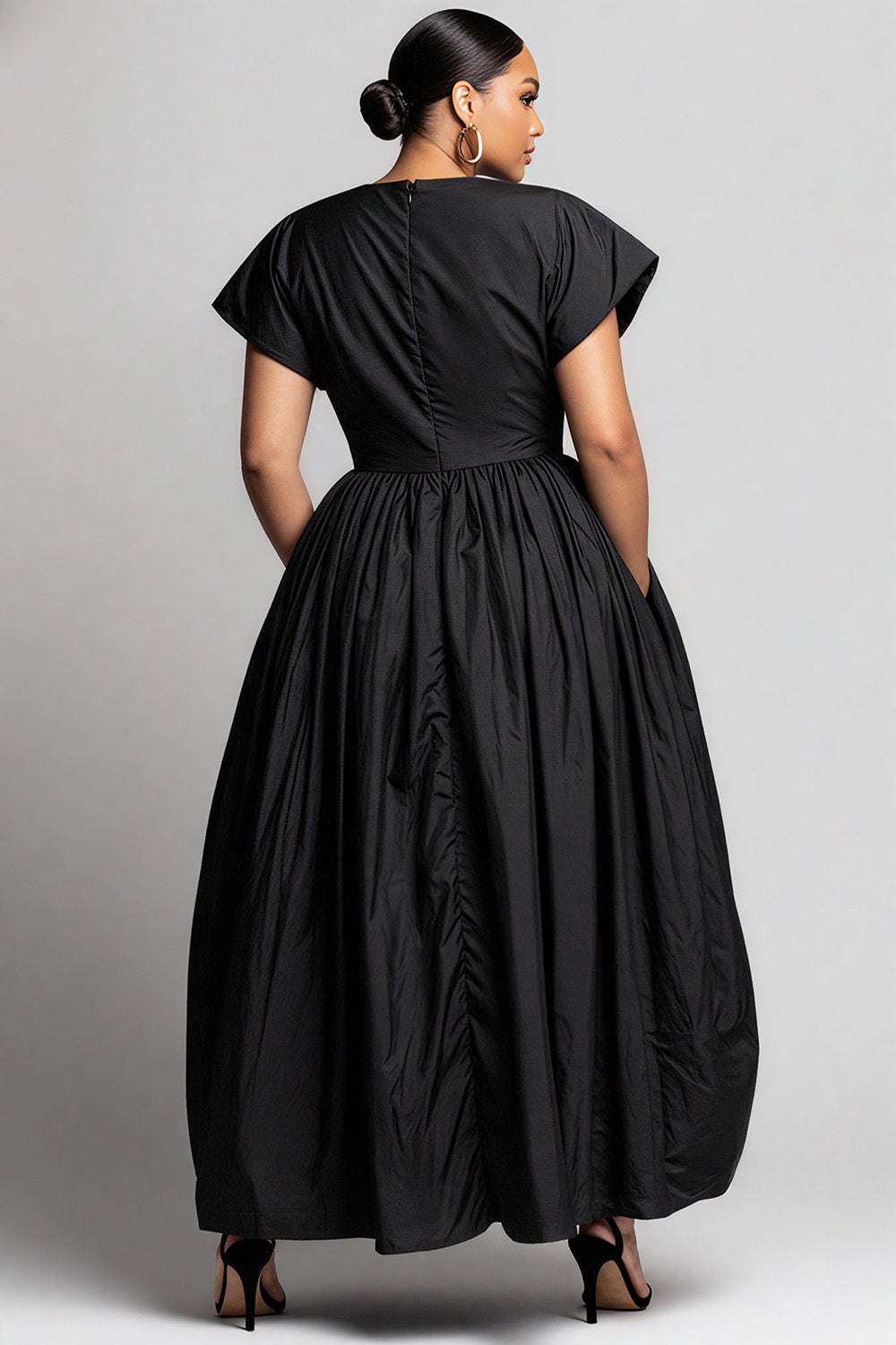 Xpluswear Design Plus Size Semi Formal Black Round Neck Short Sleeve 3D Casual Pocket Maxi Dresses