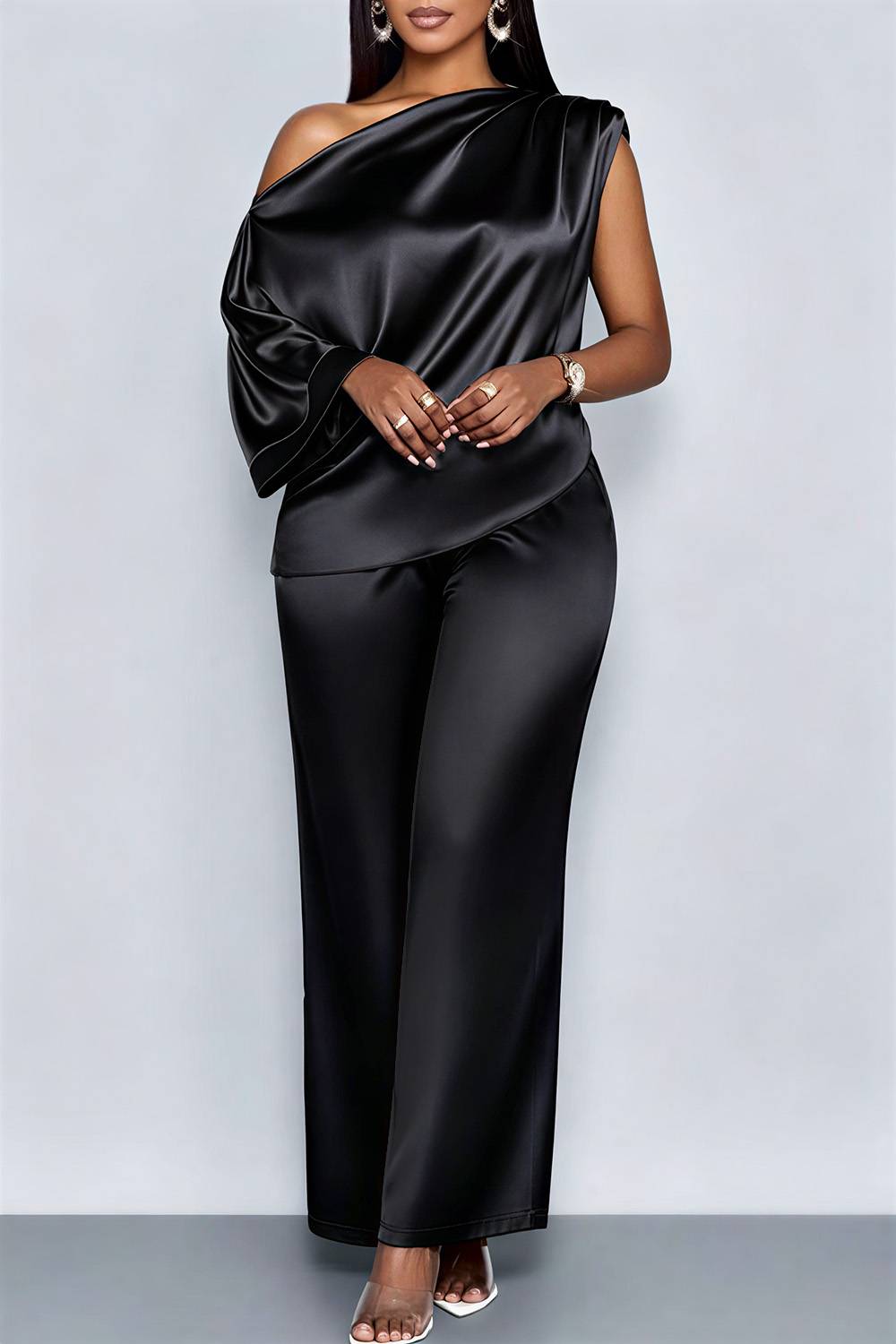 Plus Size Business Casual Pink Elegant Oblique Collar Short Sleeve Pocket Satin Two Piece Pant Sets