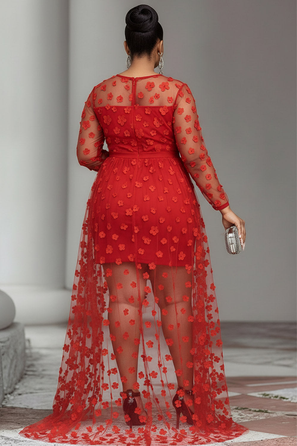 Xpluswear Design Plus Size Party Red Round Neck Long Sleeve High Low Hem Elegant See Through Tulle Mini Dresses