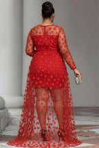 Xpluswear Design Plus Size Party Red Round Neck Long Sleeve High Low Hem Elegant See Through Tulle Mini Dresses