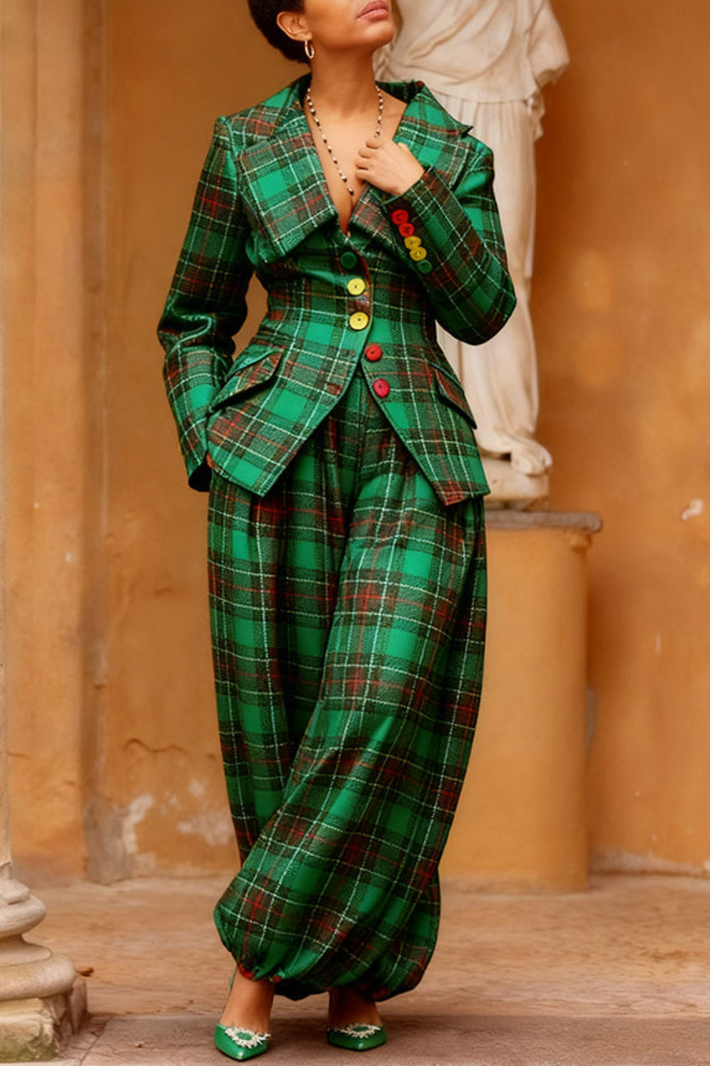 Plus Size Christmas Green Plaid Turndown Collar Long Sleeve Pocket Elegant Jogging Two Piece Pant Sets