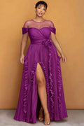 Xpluswear Design Plus Size Formal Purple Round Neck Short Sleeve Ruffle See Through Maxi Dresses