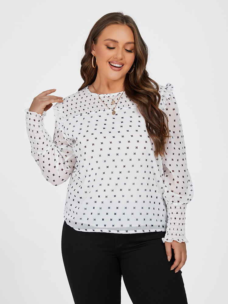 Plus White Graphic Print Ruffle Trim  Blouse
