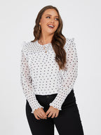 Plus White Graphic Print Ruffle Trim  Blouse