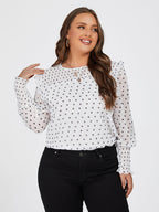 Plus White Graphic Print Ruffle Trim  Blouse