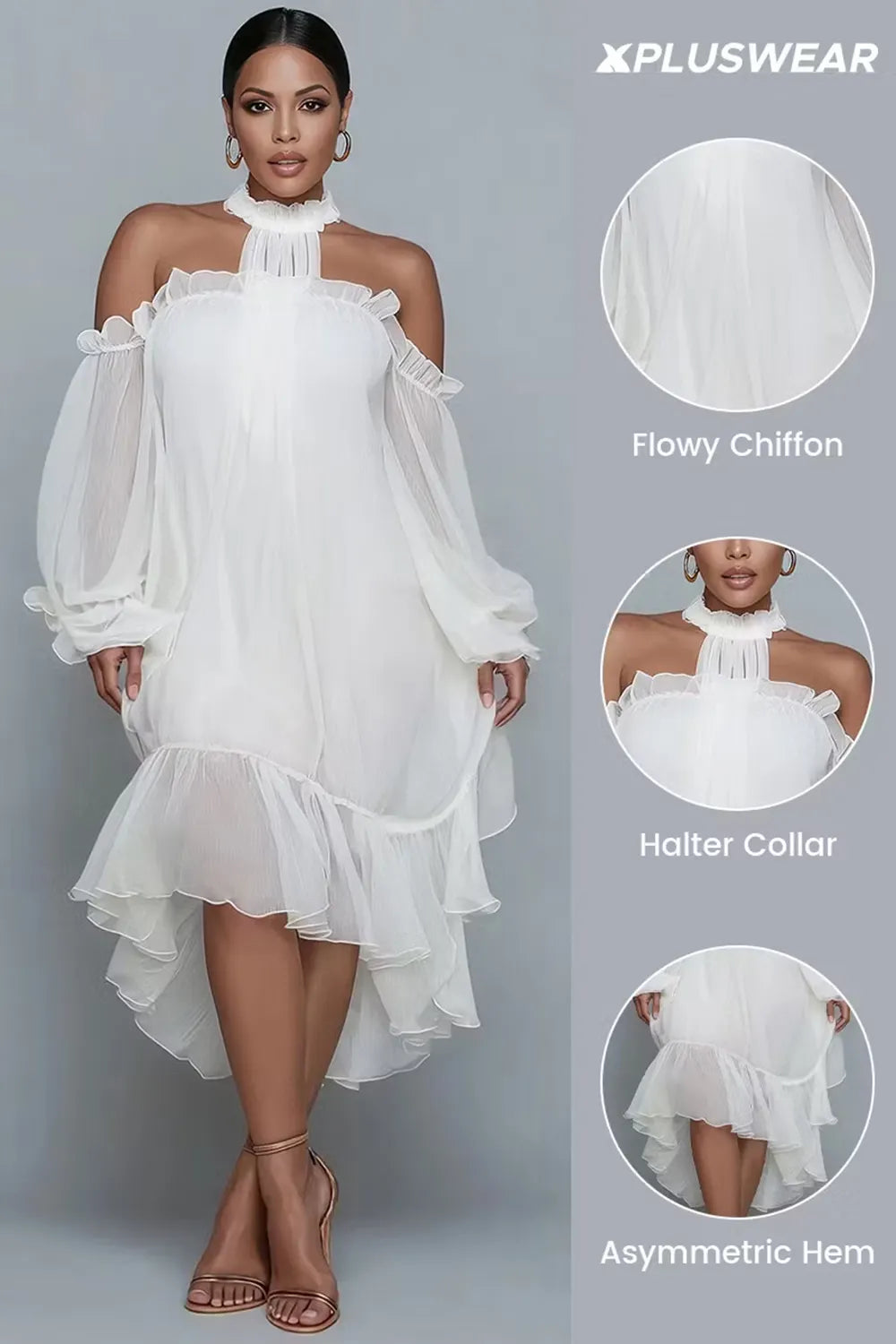 Xpluswear Design Plus Size Birthday White Halter Collar Cold Shoulder Long Sleeve Ruffle Asymmetric Hem Irregular Hem Chiffon Midi Dresses