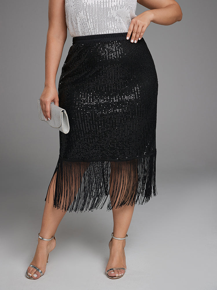 High Waist Fringe Hem Sequin Skirt