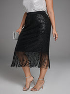High Waist Fringe Hem Sequin Skirt