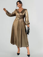 V-Neck Lantern Sleeve Midi Dress