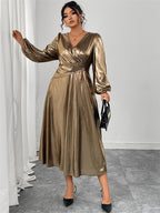 V-Neck Lantern Sleeve Midi Dress