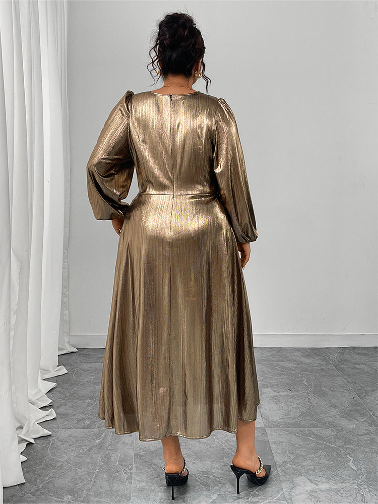 V-Neck Lantern Sleeve Midi Dress