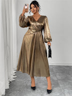 V-Neck Lantern Sleeve Midi Dress