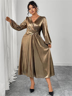 V-Neck Lantern Sleeve Midi Dress