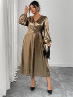 V-Neck Lantern Sleeve Midi Dress