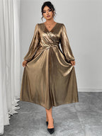 V-Neck Lantern Sleeve Midi Dress