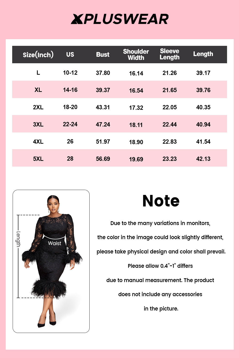 Xpluswear Design Plus Size Cocktail Party Black Round Neck Long Sleeve Feather Elegant Bodycon Lace Midi Dresses