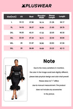 Xpluswear Design Plus Size Cocktail Party Black Round Neck Long Sleeve Feather Elegant Bodycon Lace Midi Dresses