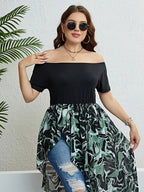 Plus Green Floral Mesh Patchwork Off Shoulder Ruffle Hem T-Shirts