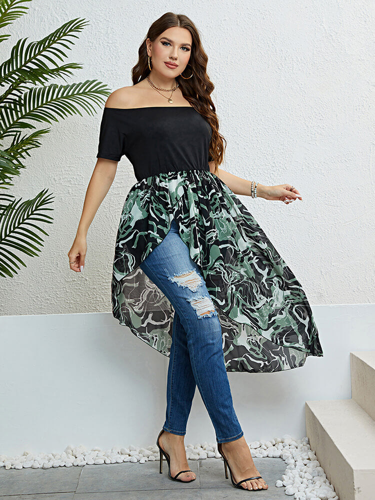 Plus Green Floral Mesh Patchwork Off Shoulder Ruffle Hem T-Shirts