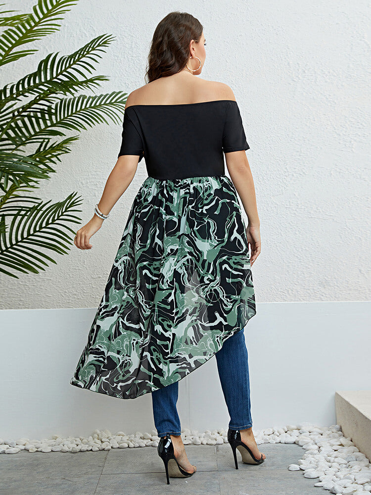 Plus Green Floral Mesh Patchwork Off Shoulder Ruffle Hem T-Shirts