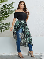 Plus Green Floral Mesh Patchwork Off Shoulder Ruffle Hem T-Shirts