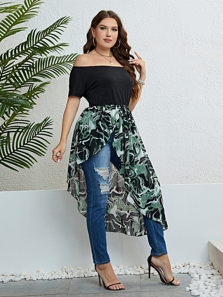 Plus Green Floral Mesh Patchwork Off Shoulder Ruffle Hem T-Shirts