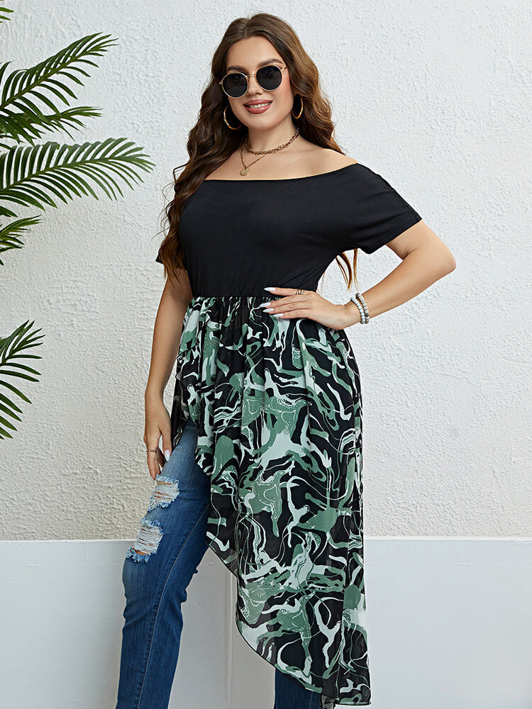 Plus Green Floral Mesh Patchwork Off Shoulder Ruffle Hem T-Shirts