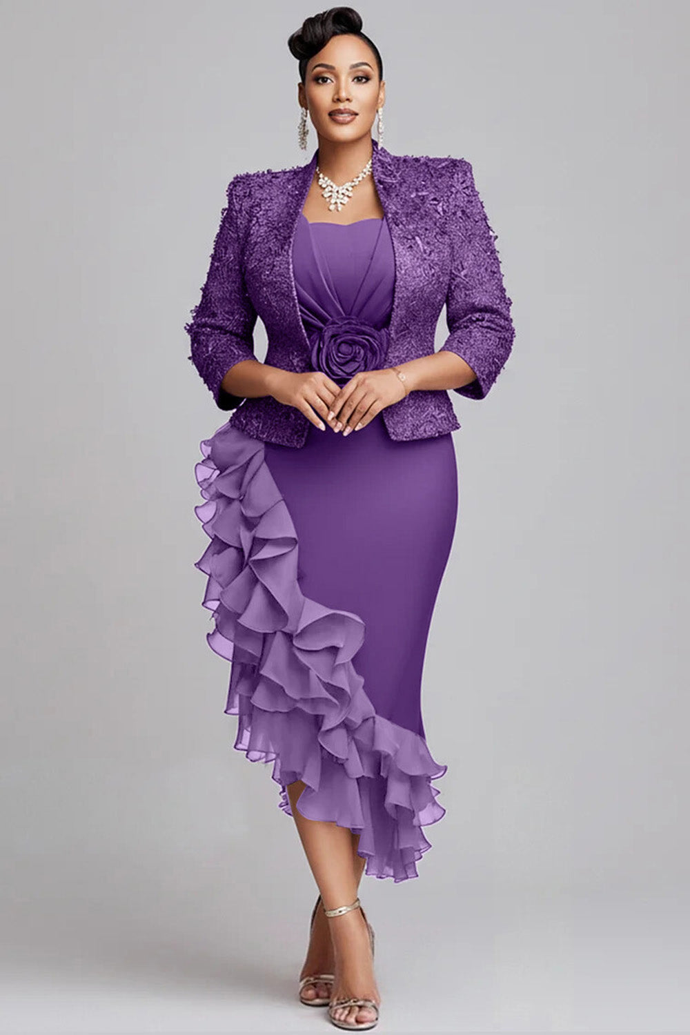 Xpluswear Design Plus Size Churchs Gold 3/4 Sleeve Ruffle Elegant 3D Two Piece Dress Set