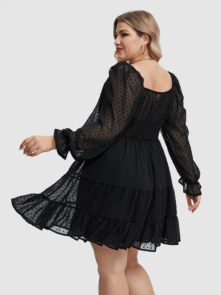 VIP Swiss Dot Flounce Sleeve Ruffle Hem Dress