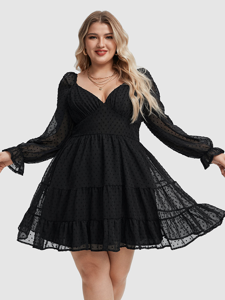 VIP Swiss Dot Flounce Sleeve Ruffle Hem Dress