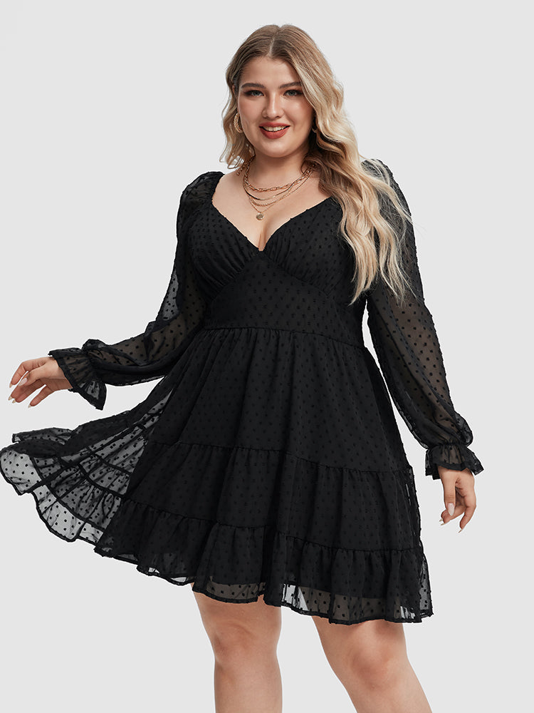 VIP Swiss Dot Flounce Sleeve Ruffle Hem Dress