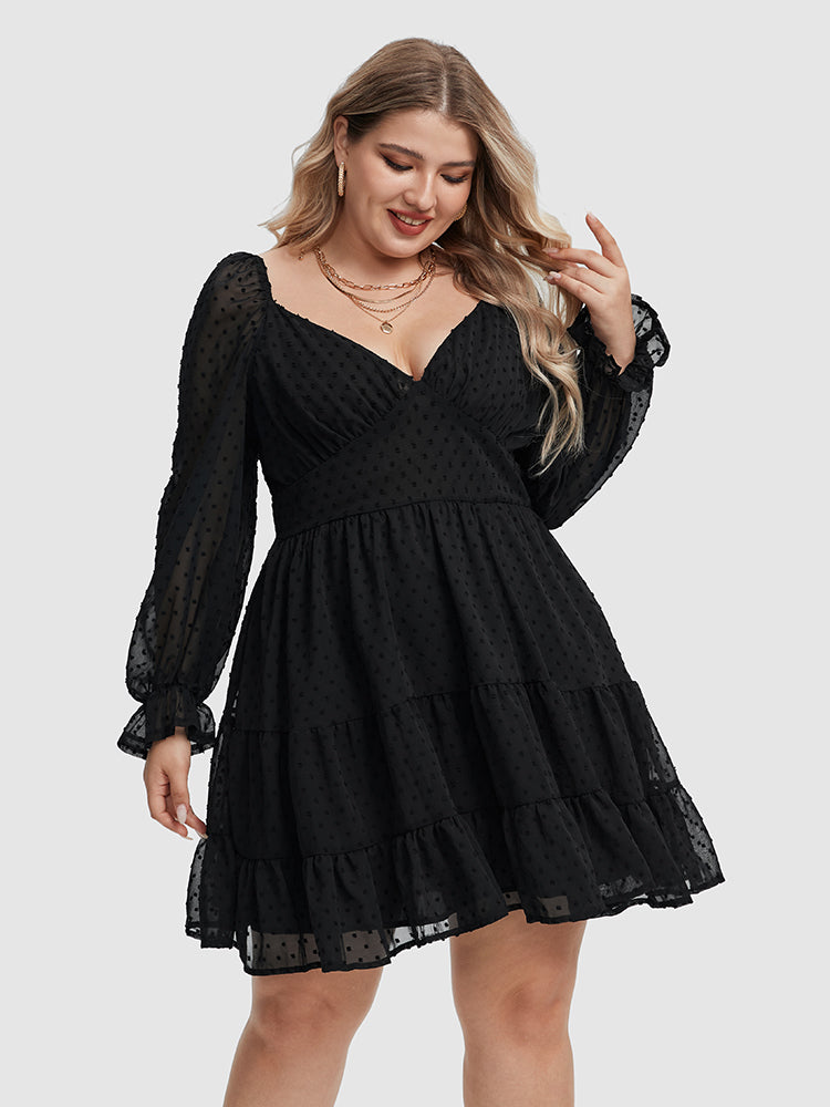 VIP Swiss Dot Flounce Sleeve Ruffle Hem Dress