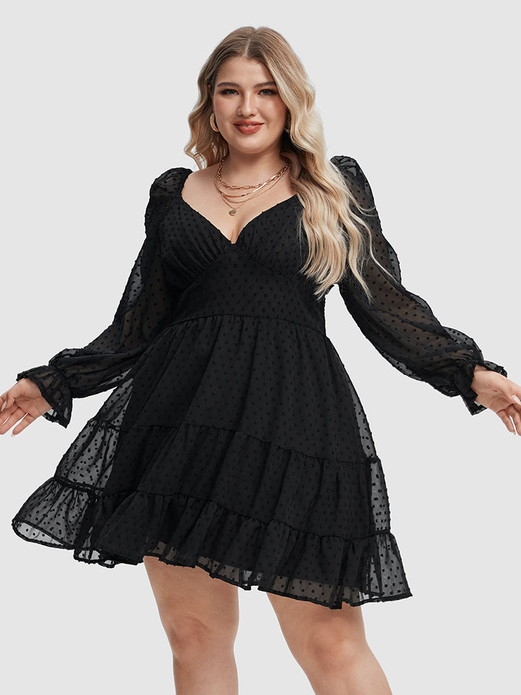 VIP Swiss Dot Flounce Sleeve Ruffle Hem Dress