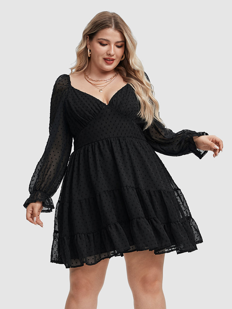 VIP Swiss Dot Flounce Sleeve Ruffle Hem Dress