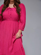 Plus Square Neck Puff Sleeves Shirred Midi Dress