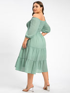 Plus Square Neck Puff Sleeve Ruffle Trim Tiered Midi Dress