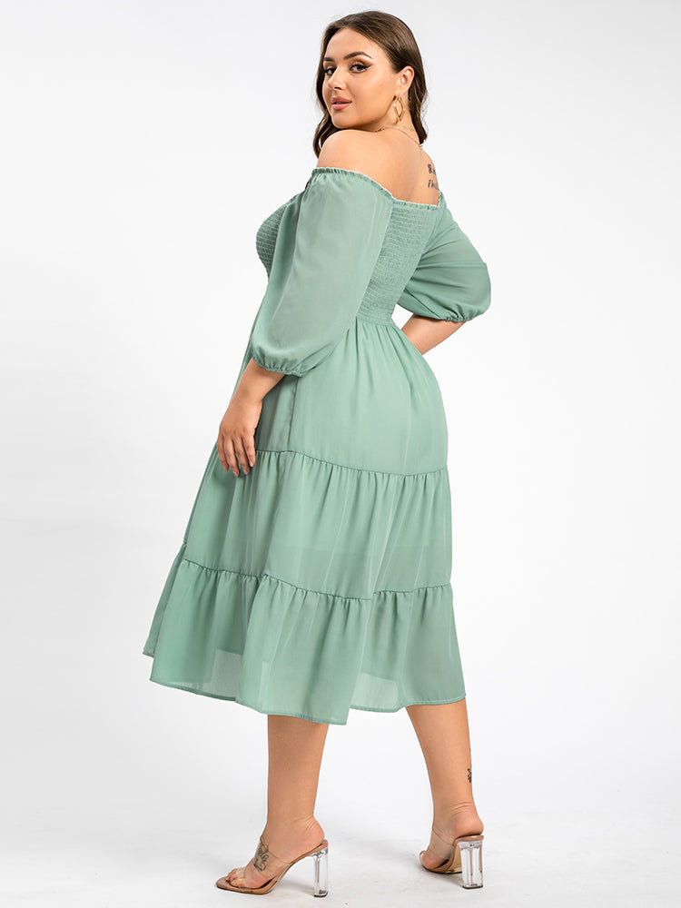 Plus Square Neck Puff Sleeve Ruffle Trim Tiered Midi Dress