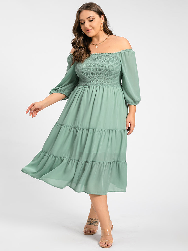 Plus Square Neck Puff Sleeve Ruffle Trim Tiered Midi Dress