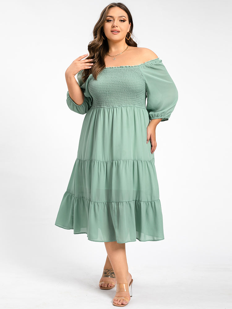 Plus Square Neck Puff Sleeve Ruffle Trim Tiered Midi Dress