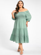 Plus Square Neck Puff Sleeve Ruffle Trim Tiered Midi Dress