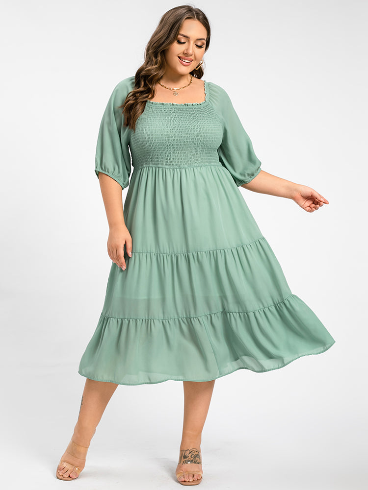 Plus Square Neck Puff Sleeve Ruffle Trim Tiered Midi Dress
