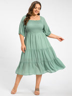 Plus Square Neck Puff Sleeve Ruffle Trim Tiered Midi Dress