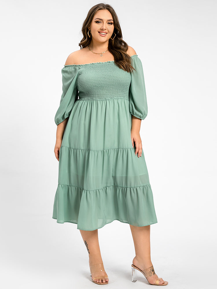 Plus Square Neck Puff Sleeve Ruffle Trim Tiered Midi Dress
