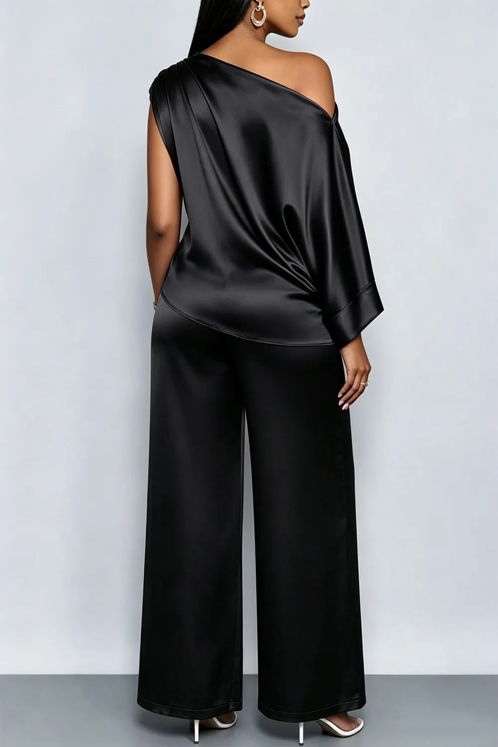 Plus Size Business Casual Black Elegant Oblique Collar Short Sleeve Pocket Satin Two Piece Pant Sets