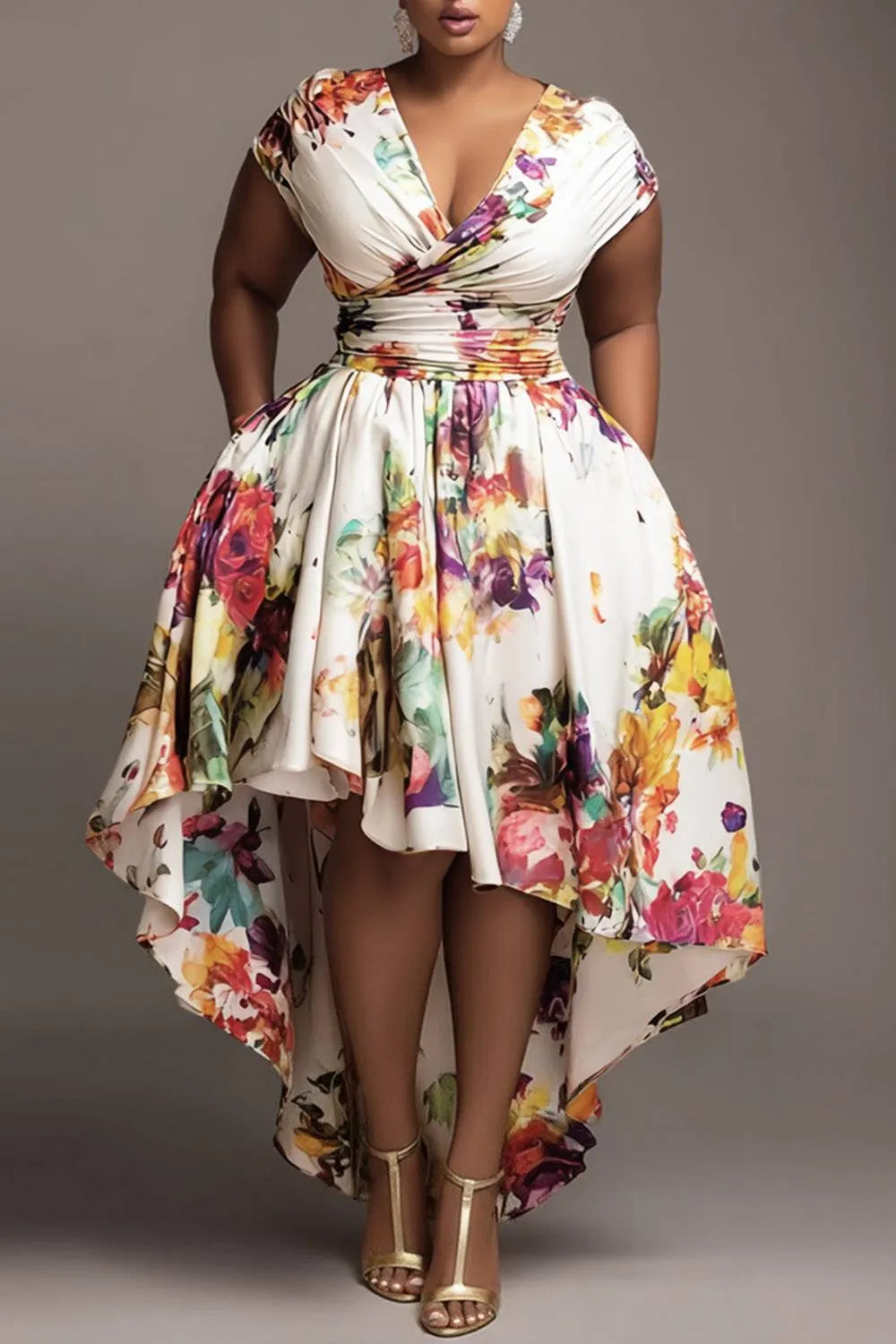 Xpluswear Design Plus Size Wedding Guest White Floral Wrap Neck High Low Hem Pocket Midi Dresses